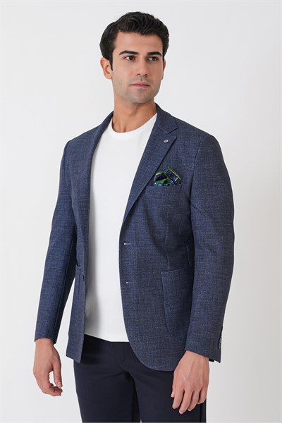 Slim Fit Çift Yırtmaçlı Torba Cep Esenk Yünlü Lacivert Ceket C 752