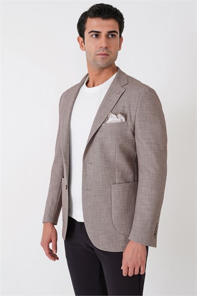 Slim Fit Çift Yırtmaçlı Torba Cep Esenk Yünlü Kum Rengi Ceket C 752
