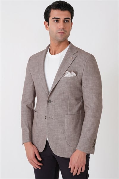Slim Fit Çift Yırtmaçlı Torba Cep Esenk Yünlü Kum Rengi Ceket C 752
