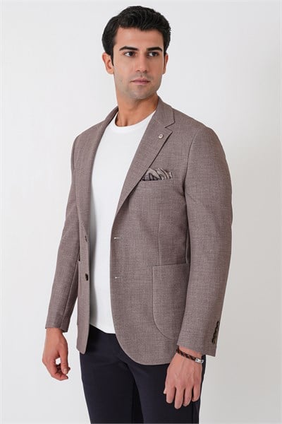 Slim Fit Çift Yırtmaçlı Torba Cep Esenk Yünlü Tütün Rengi Ceket C 752