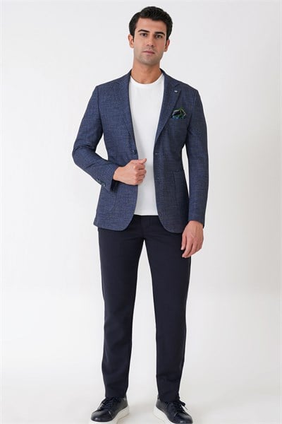 Slim Fit Çift Yırtmaçlı Torba Cep Esenk Yünlü Lacivert Ceket C 752