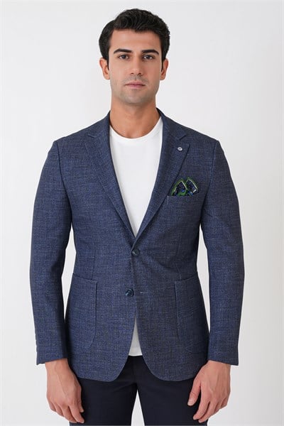 Slim Fit Çift Yırtmaçlı Torba Cep Esenk Yünlü Lacivert Ceket C 752