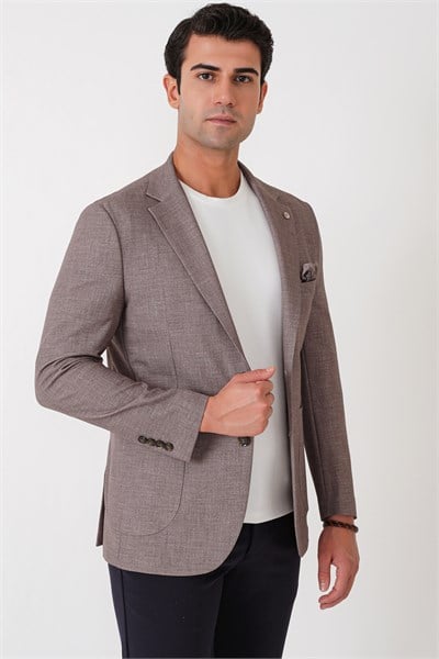 Slim Fit Çift Yırtmaçlı Torba Cep Esenk Yünlü Tütün Rengi Ceket C 752