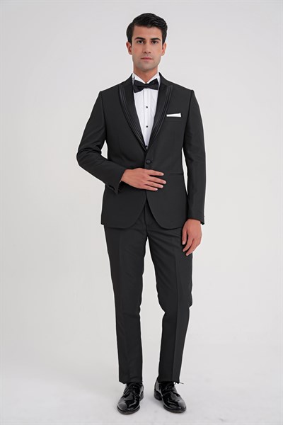 Slim Fit Çift Yıtmaç Fleto Cep Çıkarılabilir Saten Yaka Siyah Damatlık Smokin Takım Black 083