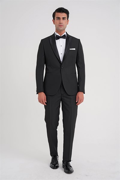 Slim Fit Çift Yıtmaç Fleto Cep Çıkarılabilir Saten Yaka Siyah Damatlık Smokin Takım Black 083