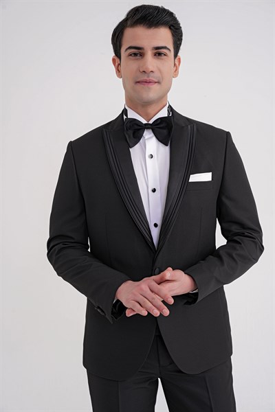 Slim Fit Çift Yıtmaç Fleto Cep Doku Desenli Çıkarılabilir Saten Yaka Siyah Damatlık Smokin Takım Black 083 EF