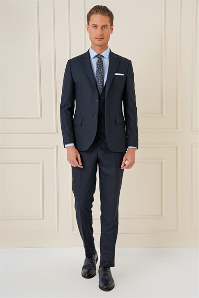 Slim Fit Çift Yıtmaç Lacivert Klasik Yelekli Takım Elbise TK 896