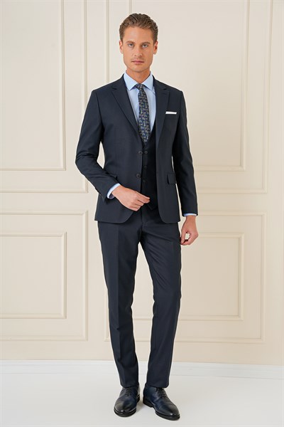 Slim Fit Çift Yıtmaç Lacivert Klasik Yelekli Takım Elbise TK 896
