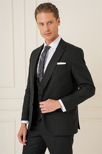Slim Fit Çift Yıtmaç Siyah Klasik Yelekli Takım Elbise TK 896