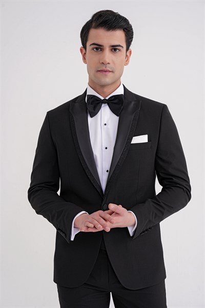Slim Fit Çıkarılabilir Kırlangıç Saten Yaka Siyah Damatlık Smokin Takım Black 085
