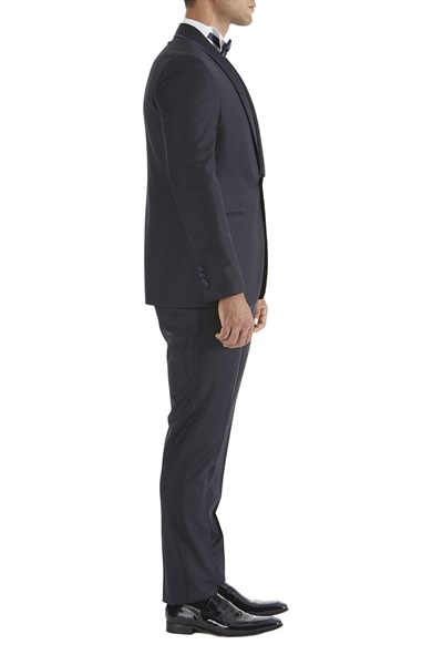 Slim Fit Çıkarılabilir Saten Şal Yaka Lacivert Damatlık Smokin Takım Black 037