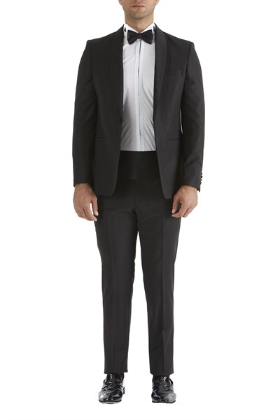 Slim Fit Çıkarılabilir Saten Şal Yaka Siyah Damatlık Smokin Takım Black 037