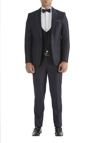 Slim Fit Çıkarılabilir Saten Şal Yaka Lacivert Damatlık Smokin Takım Black 037