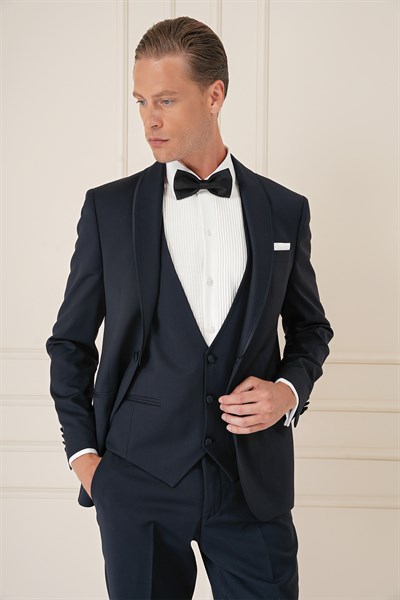 Slim Fit Çıkarılabilir Saten Yaka Cerutti Kumaş Yelekli Lacivert Damatlık Smokin Takım Black 078