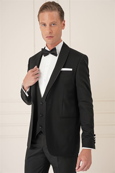Slim Fit Çıkarılabilir Saten Yaka Cerutti Kumaş Yelekli Siyah Damatlık Smokin Takım Black 078