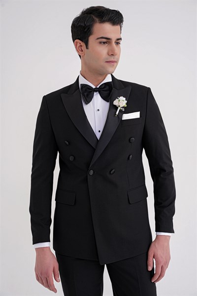 Slim Fit Çıkarılabilir Saten Yaka Kruvaze Siyah Damatlık Smokin Takım Black 082