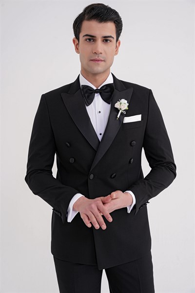 Slim Fit Çıkarılabilir Saten Yaka Kruvaze Siyah Damatlık Smokin Takım Black 082