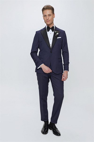 Slim Fit Çıkarılabilir Saten Yaka Lacivert Damatlık Smokin Takım Black 062