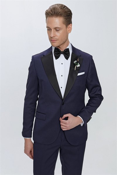 Slim Fit Çıkarılabilir Saten Yaka Lacivert Damatlık Smokin Takım Black 062