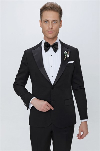 Slim Fit Çıkarılabilir Saten Yaka Siyah Damatlık Smokin Takım Black 067