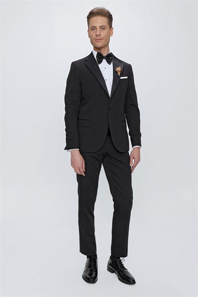 Slim Fit Çıkarılabilir Saten Yaka Siyah Damatlık Smokin Takım Black 061