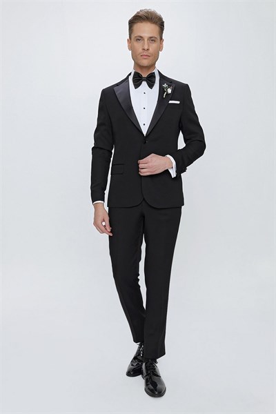 Slim Fit Çıkarılabilir Saten Yaka Siyah Damatlık Smokin Takım Black 067