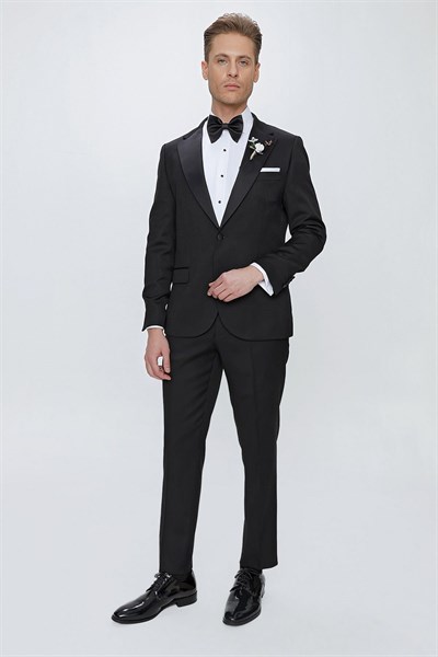 Slim Fit Çıkarılabilir Saten Yaka Siyah Damatlık Smokin Takım Black 062