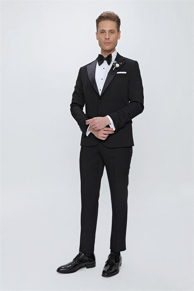 Slim Fit Çıkarılabilir Saten Yaka Siyah Damatlık Smokin Takım Black 067
