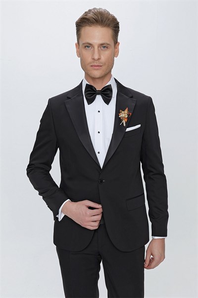 Slim Fit Çıkarılabilir Saten Yaka Siyah Damatlık Smokin Takım Black 061