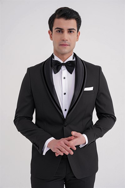 Slim Fit Çıkarılabilir Saten Yaka Tek Düğme Siyah Damatlık Smokin Takım Black 073