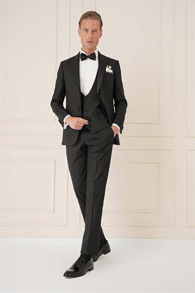 Slim Fit Çıkarılabilir Saten Yaka Yelekli Siyah Damatlık Smokin Takım Black 077