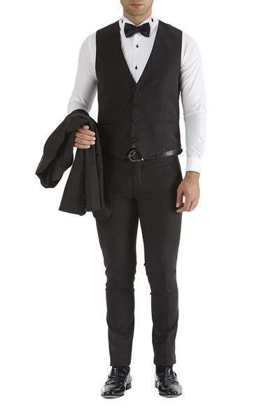 Slim Fit Çıkarılabilir Saten Yaka Yelekli Siyah Damatlık Smokin Takım Black 034