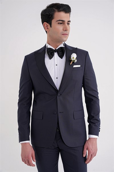 Slim Fit Çıkarılabilir Saten Yaka Yelekli Lacivert Damatlık Smokin Takım Black 077