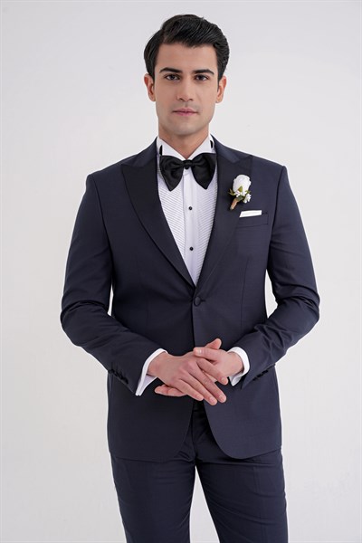 Slim Fit Çıkarılabilir Saten Yaka Yelekli Lacivert Damatlık Smokin Takım Black 077