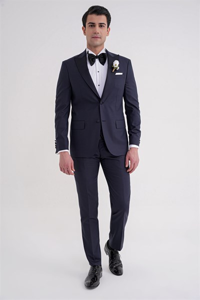 Slim Fit Çıkarılabilir Saten Yaka Yelekli Lacivert Damatlık Smokin Takım Black 077