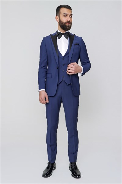 Slim Fit Çıkarılabilir Saten Yaka Yelekli Parlement Damatlık Smokin Takım Black 034