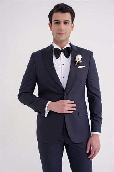 Slim Fit Çıkarılabilir Saten Yaka Yelekli Lacivert Damatlık Smokin Takım Black 077