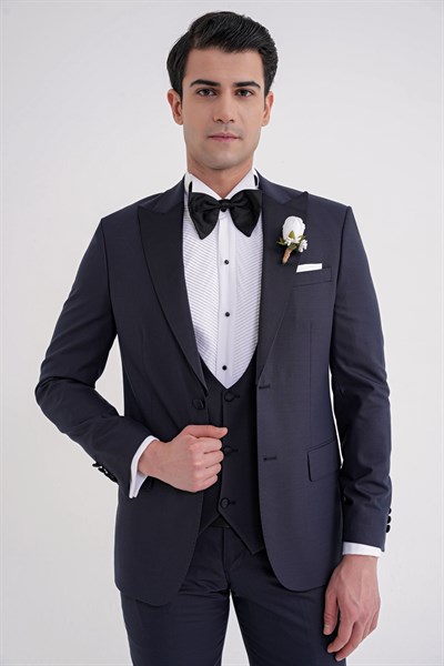 Slim Fit Çıkarılabilir Saten Yaka Yelekli Lacivert Damatlık Smokin Takım Black 077