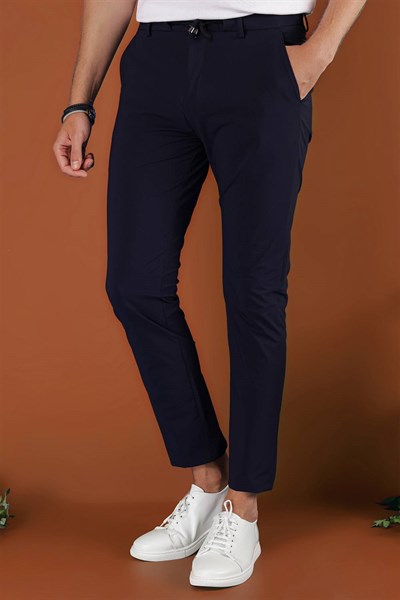 Slim Fit Çizgili Dokuma Beli İpli Esnek Pamuk Lacivert Jogger Pantolon P 1121