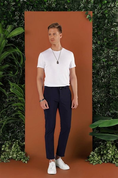 Slim Fit Çizgili Dokuma Beli İpli Esnek Pamuk Lacivert Jogger Pantolon P 1121