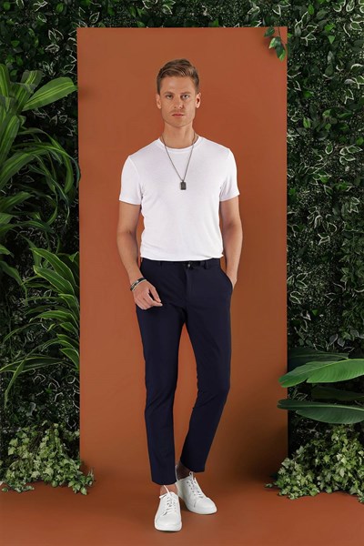 Slim Fit Çizgili Dokuma Beli İpli Esnek Pamuk Lacivert Jogger Pantolon P 1121