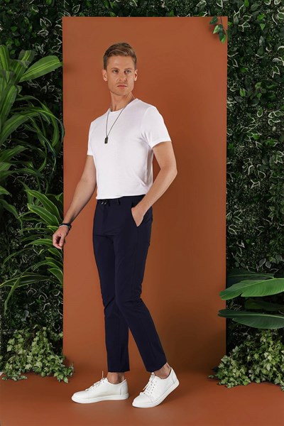 Slim Fit Çizgili Dokuma Beli İpli Esnek Pamuk Lacivert Jogger Pantolon P 1121