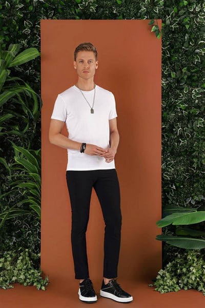 Slim Fit Çizgili Dokuma Beli İpli Esnek Pamuk Siyah Jogger Pantolon P 1121