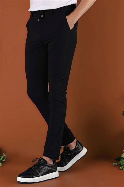 Slim Fit Çizgili Dokuma Beli İpli Esnek Pamuk Siyah Jogger Pantolon P 1121