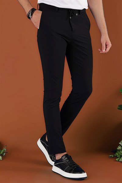 Slim Fit Çizgili Dokuma Beli İpli Esnek Pamuk Siyah Jogger Pantolon P 1121