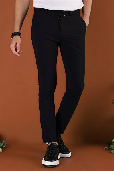 Slim Fit Çizgili Dokuma Beli İpli Esnek Pamuk Siyah Jogger Pantolon P 1121