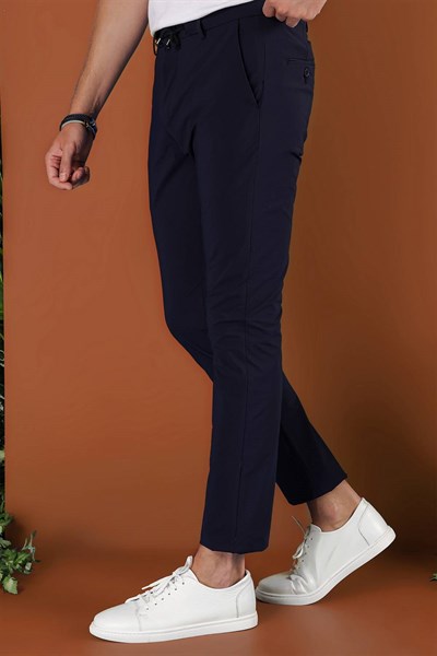 Slim Fit Çizgili Dokuma Beli İpli Esnek Pamuk Lacivert Jogger Pantolon P 1121
