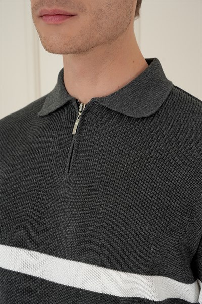 Slim Fit Çizgili Fermuarlı Polo Yaka Antrasit Triko Kazak TR 877