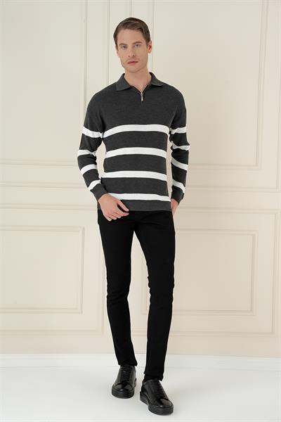 Slim Fit Çizgili Fermuarlı Polo Yaka Antrasit Triko Kazak TR 877