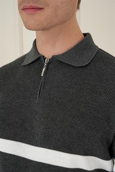 Slim Fit Çizgili Fermuarlı Polo Yaka Antrasit Triko Kazak TR 877